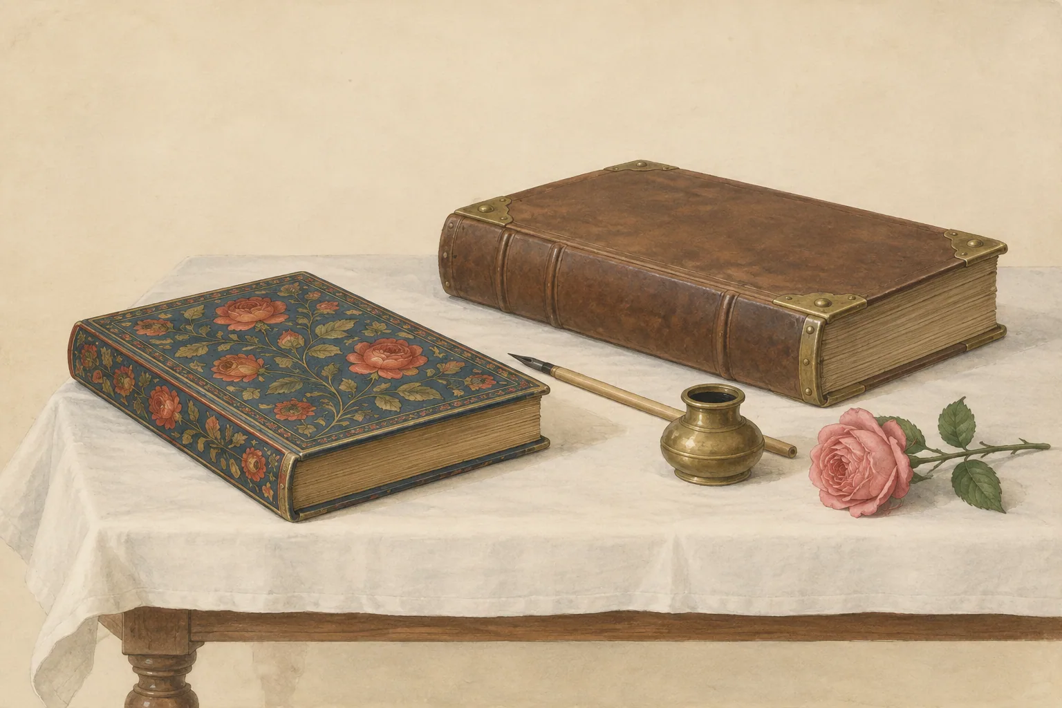 A closed Persian poetry book with a flowered lacquer cover and a closed leather ledger on a white cloth, with a reed pen, inkpot and rose.