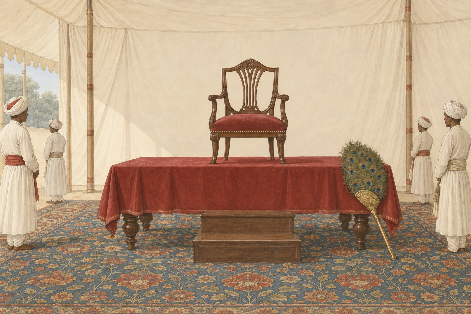 An empty English armchair standing on top of a cloth-covered dining table in a draped hall, with small attendants waiting at the sides.