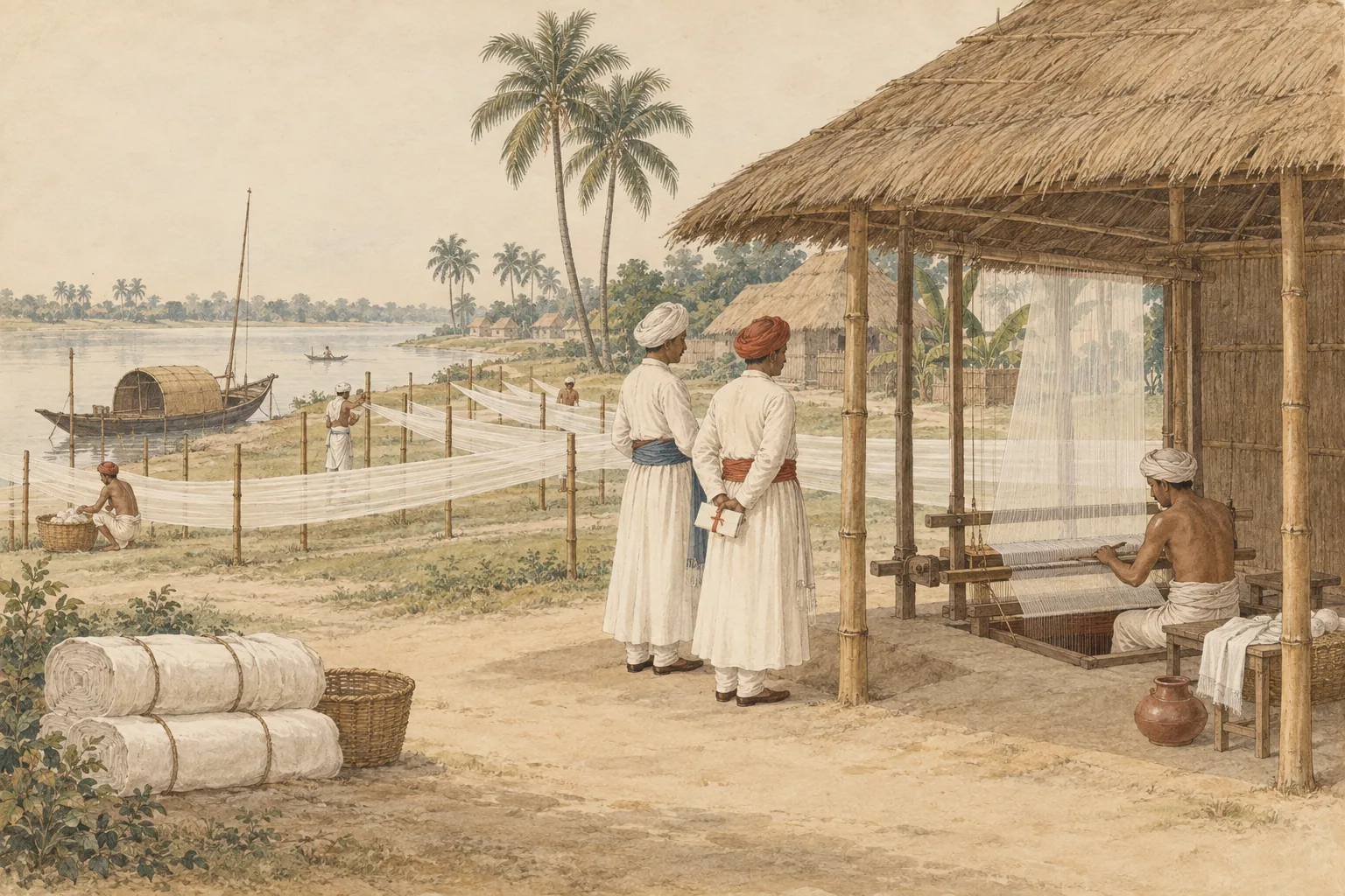A weaver at a pit loom under a thatched shed by a river, with white warp threads on stakes and two agents waiting at the edge.