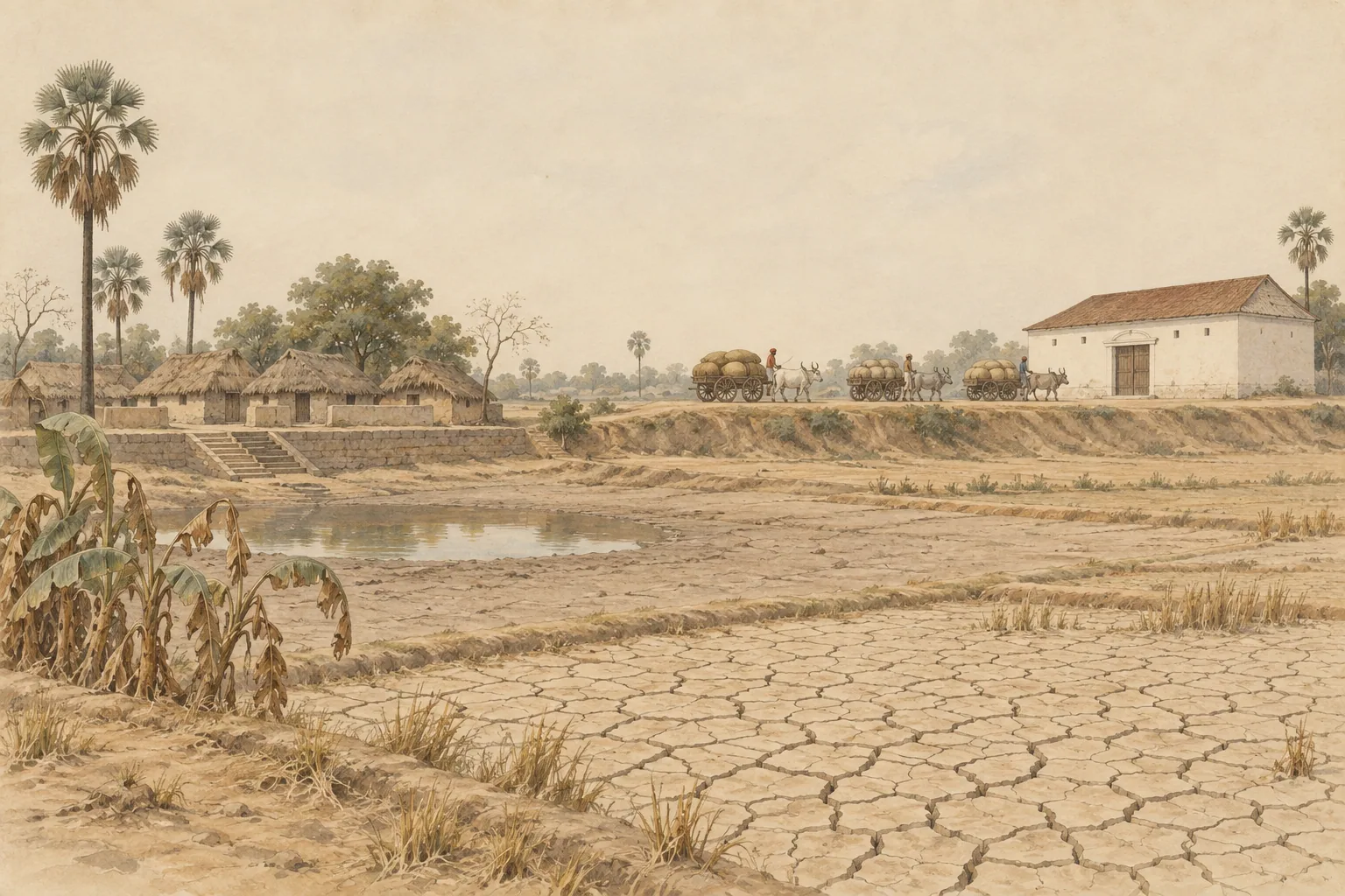 Cracked dry paddy fields and a shrunken village pond under a white sky, with small bullock carts carrying sacks towards a whitewashed warehouse.