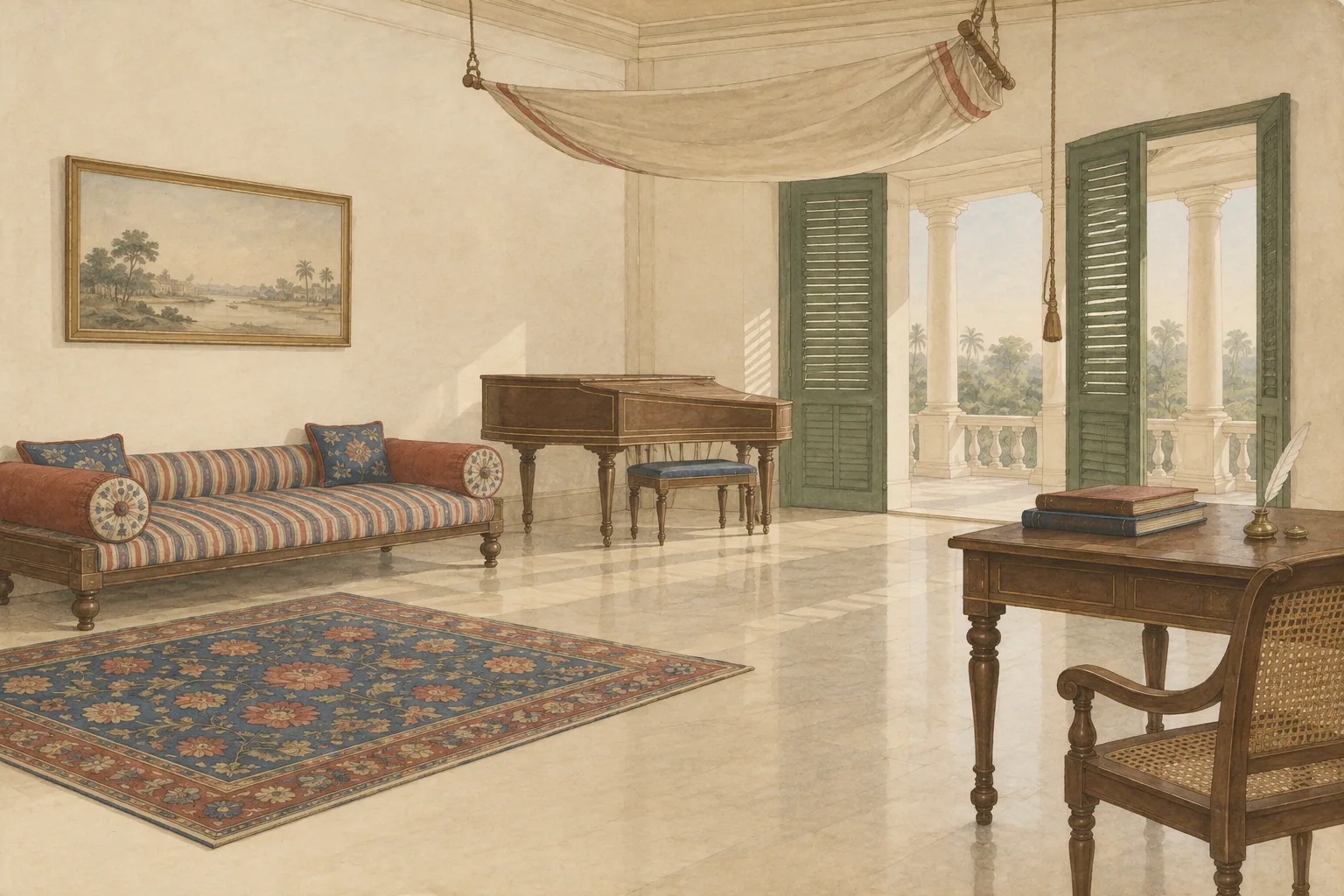 An empty colonial drawing room with a long cushioned divan, a closed harpsichord, closed ledgers on a desk and a still punkah overhead.