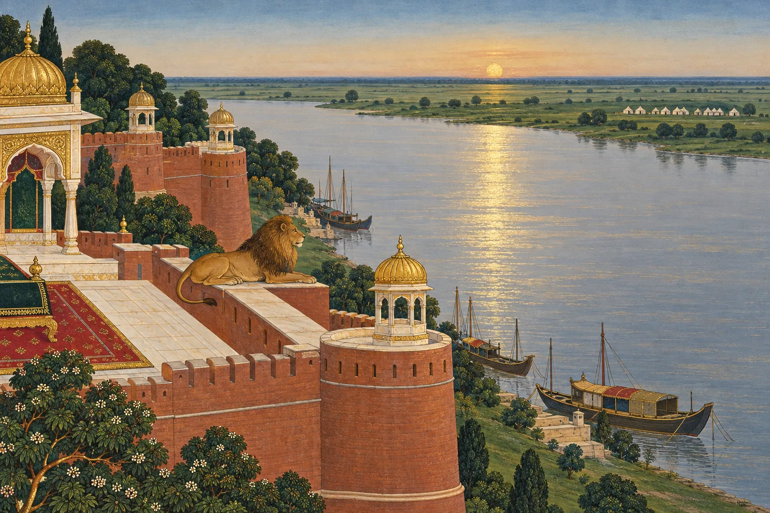 A lion lying on a fort terrace above a wide silver river, looking across at a flat far bank with a distant line of white tents.