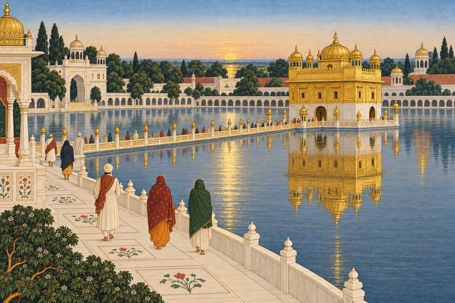 A gold-domed temple standing in a still pool at dawn, reached by a causeway, with a few small pilgrims walking the marble edge.