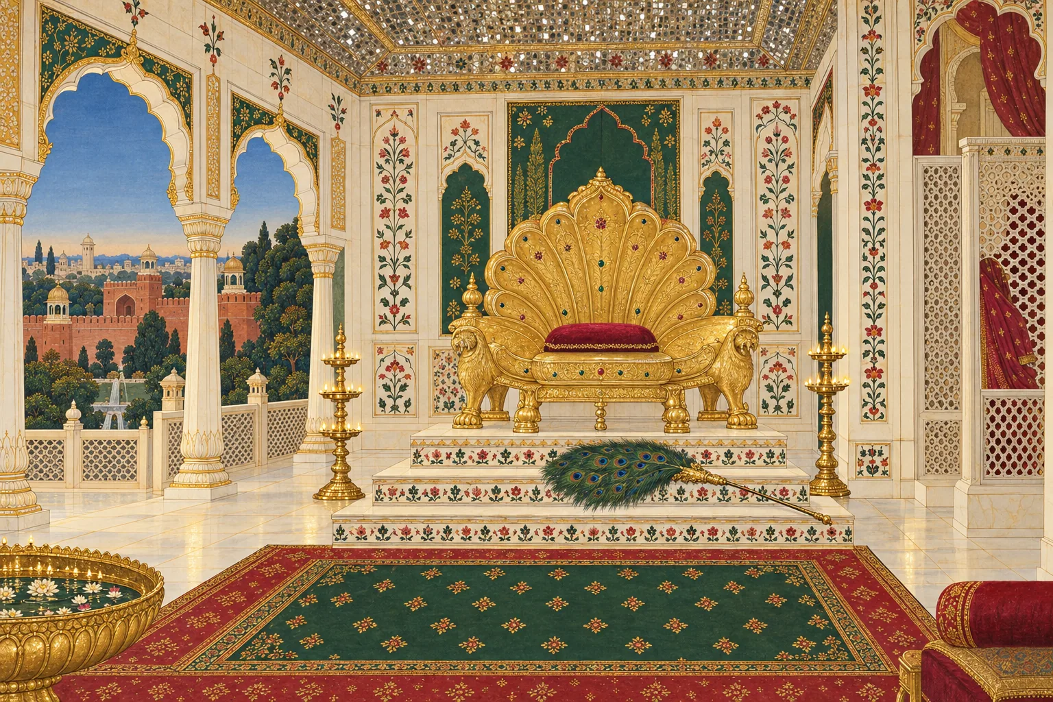 An empty gold throne with a small crimson cushion in a marble hall, a fan on its step and a shawl glimpsed behind a lattice screen.