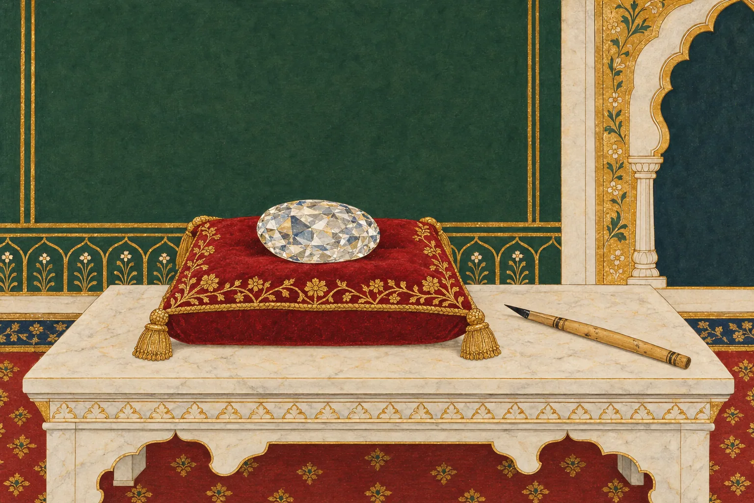 A large unmounted diamond on a gold-embroidered crimson cushion on a marble table, with a reed pen lying beside it.