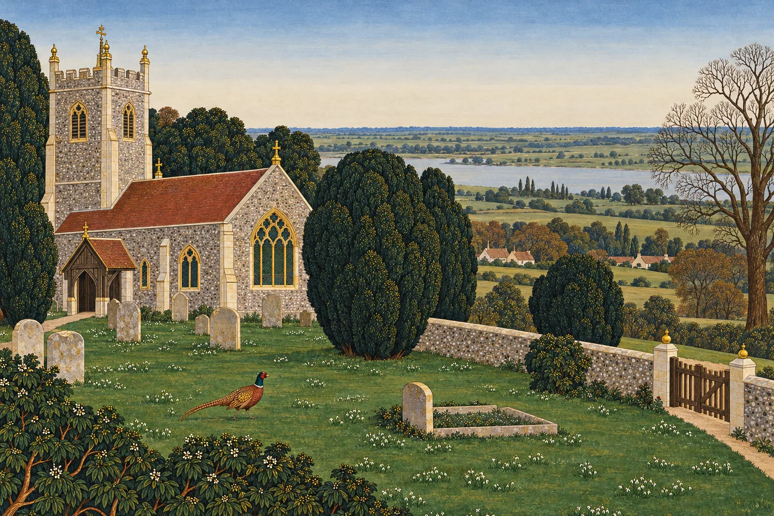 A small flint church with a square tower among dark yews, a plain grave by its wall and a pheasant walking in the grass.