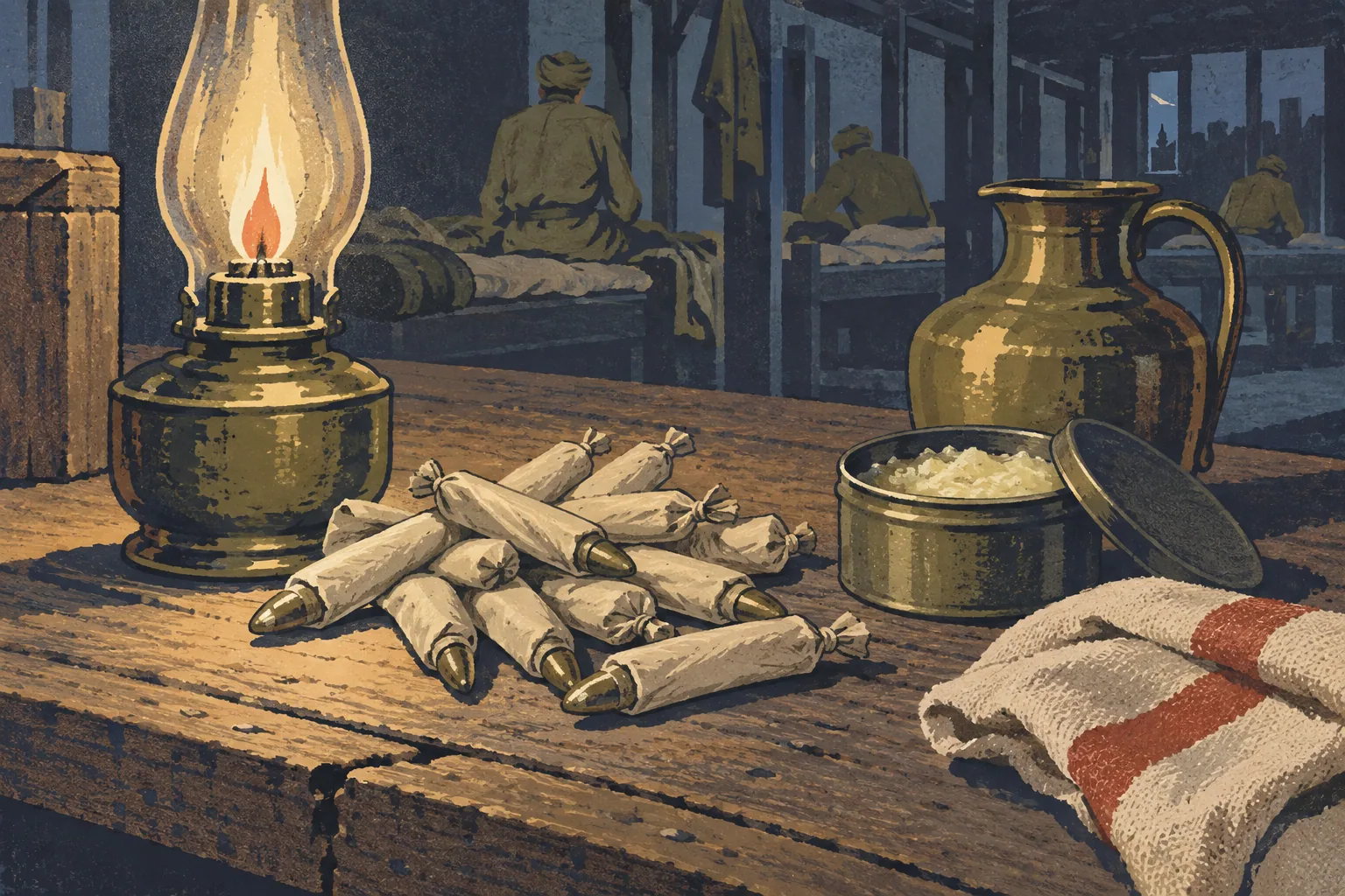 A heap of greased paper cartridges beside a tin of tallow and a brass water pot on a lamplit wooden table.