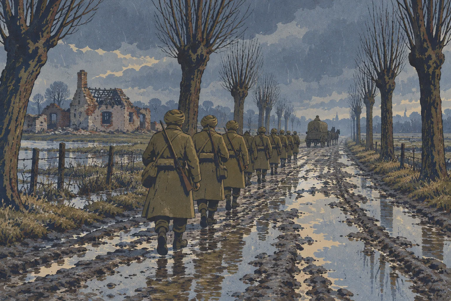 A column of turbaned soldiers in greatcoats marching away along a poplar-lined road in the rain, past a ruined farmhouse.