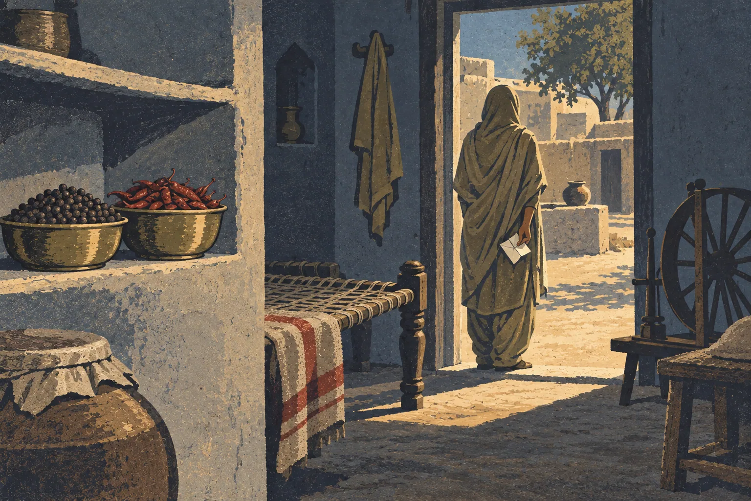 Two brass bowls of black peppercorns and red chillies on a wall shelf, and a woman seen from behind in a doorway holding a folded letter.
