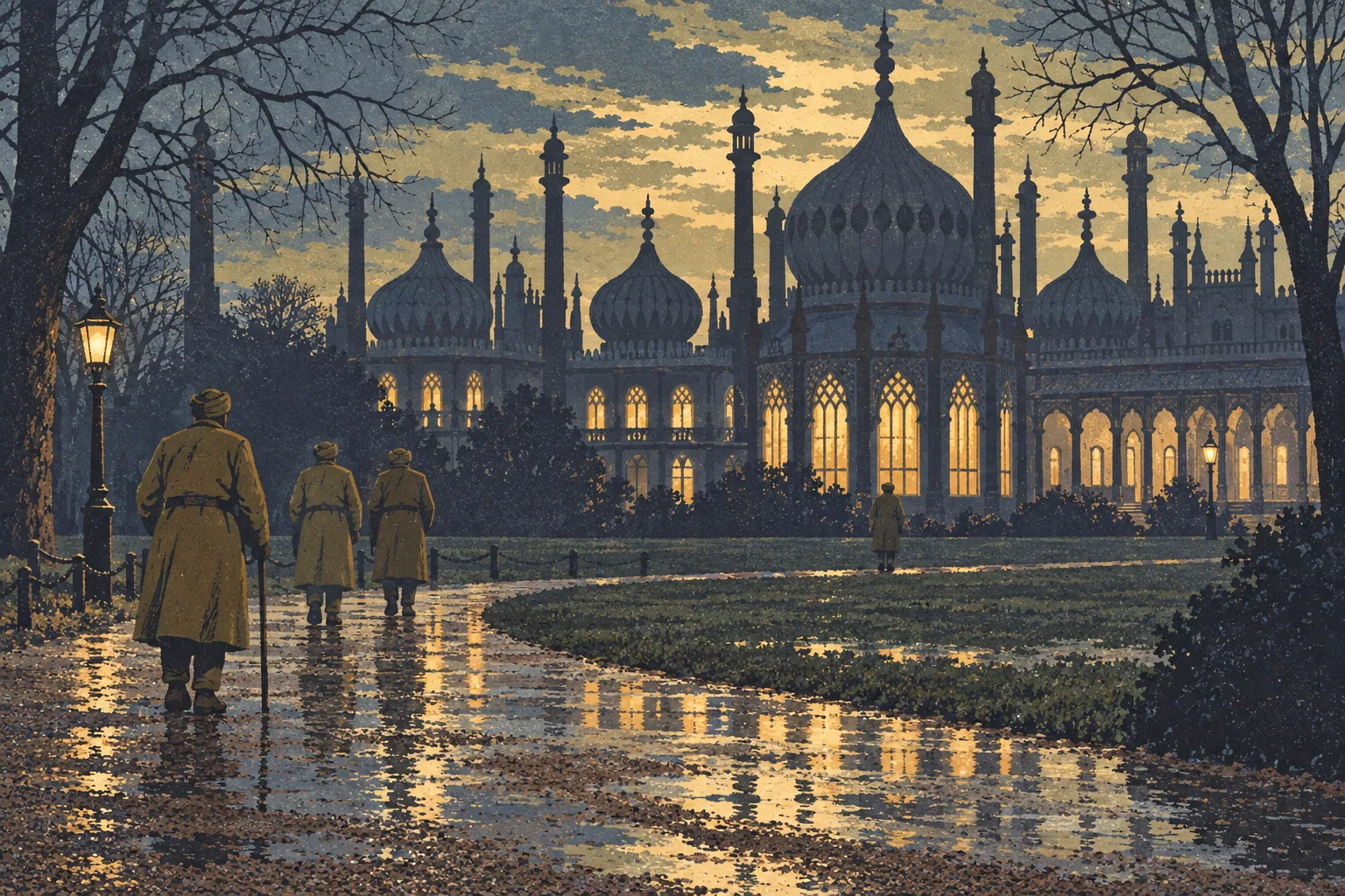 The onion domes of a seaside palace silhouetted at dusk, lit windows reflected on a wet path where a few turbaned soldiers walk.