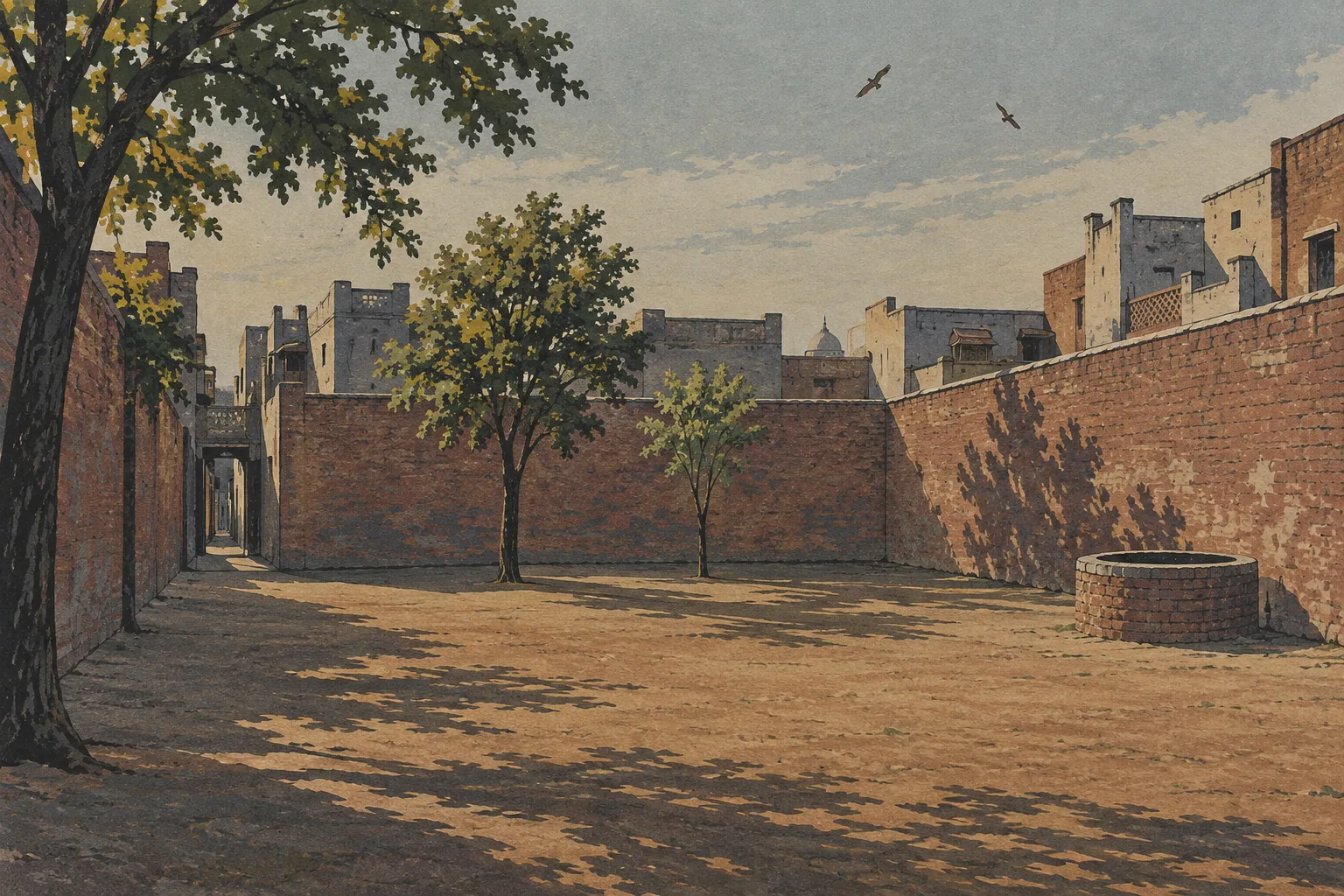 An empty walled garden enclosed by houses, with one narrow entrance lane, a few trees and a round brick well by the wall.