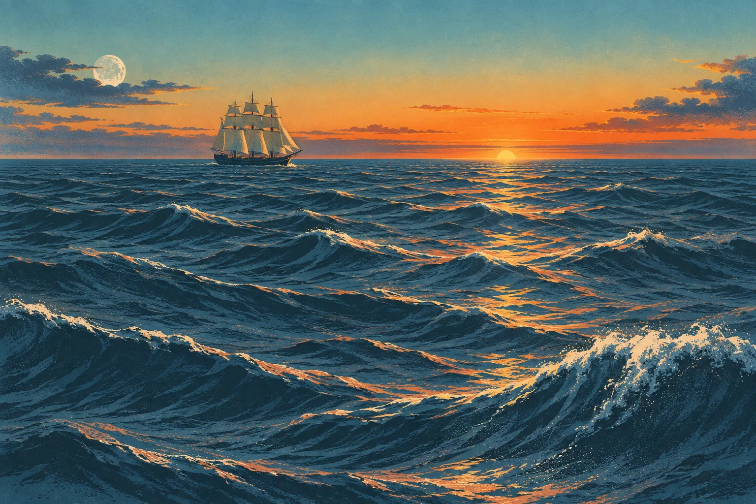 A small sailing ship alone on a vast dark sea before dawn, a thin orange line of light on the horizon.
