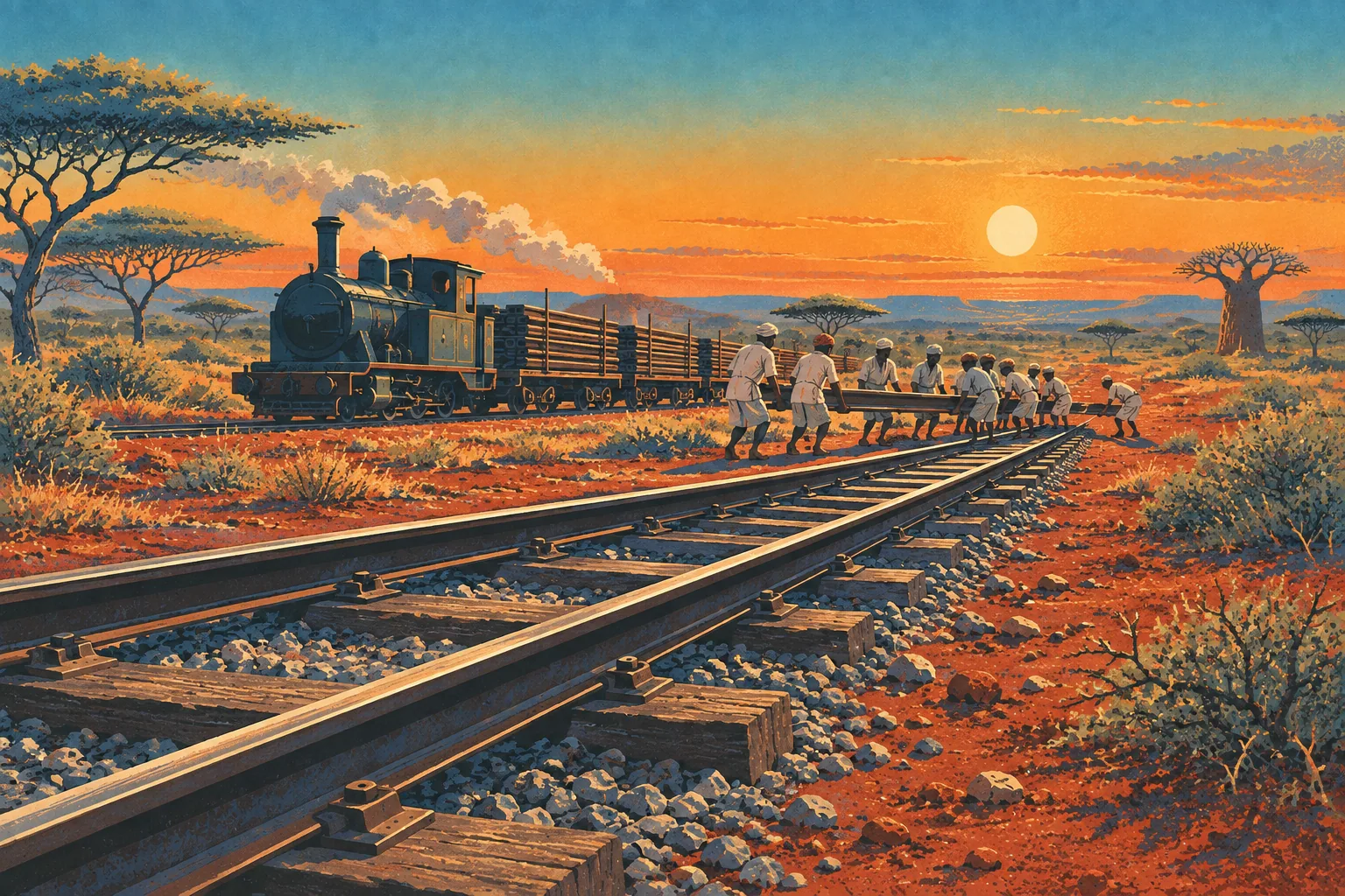 Workers in turbans lifting a rail at the end of a new track in red earth and thornbush, a small engine and wagons of rails behind.