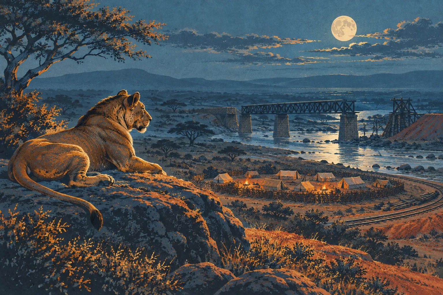 A maneless lion on a moonlit rock watching a thorn-fenced camp of tents and fires, with an unfinished iron bridge beyond.