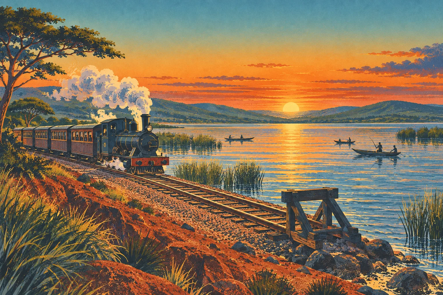 A small steam train arriving at the end of the line by a lake at dawn, with papyrus, fishing canoes and hills across the water.