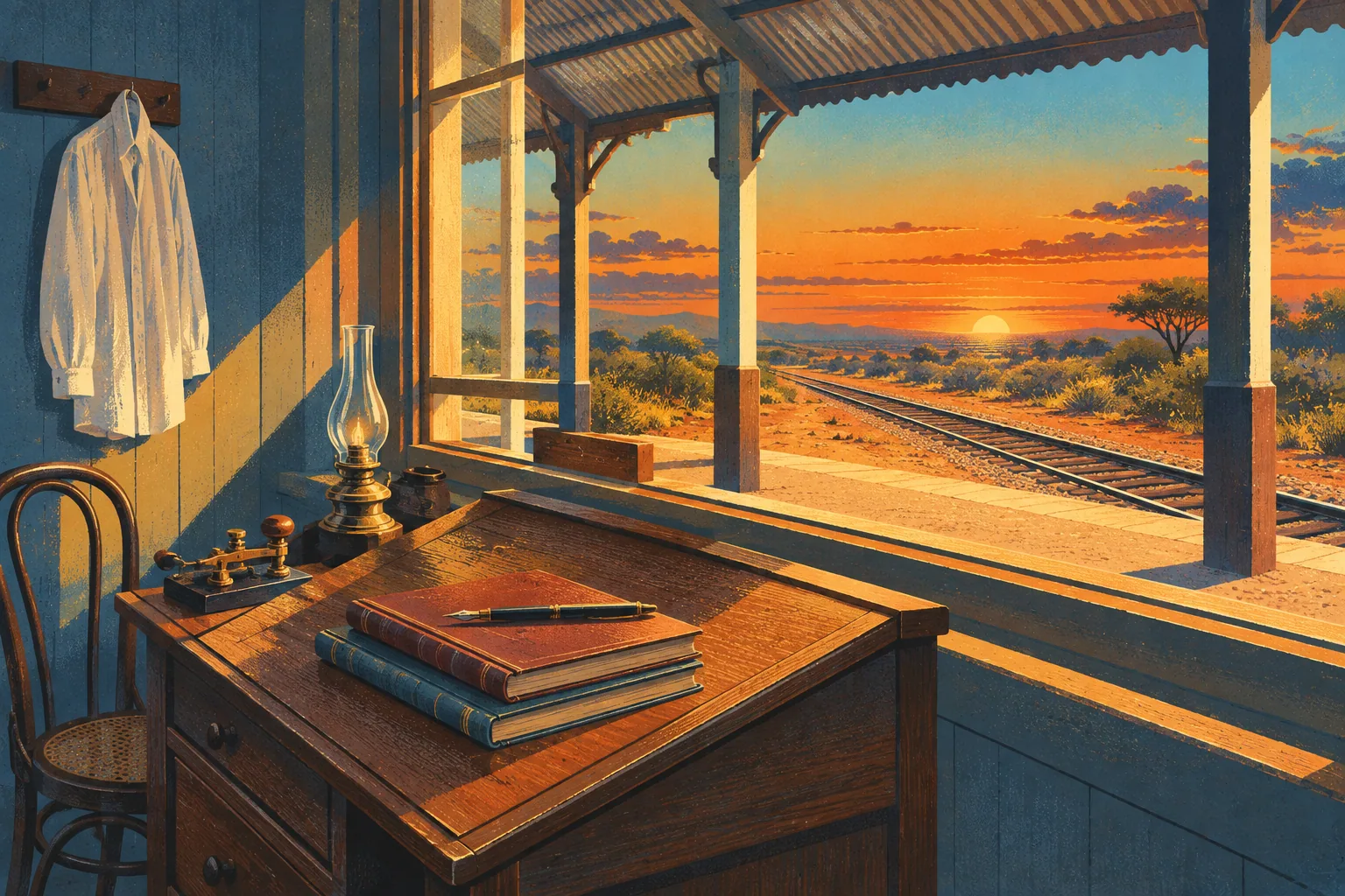 An empty station office with closed ledgers and a pen on a high desk, a telegraph key, and a pressed white shirt on a peg.
