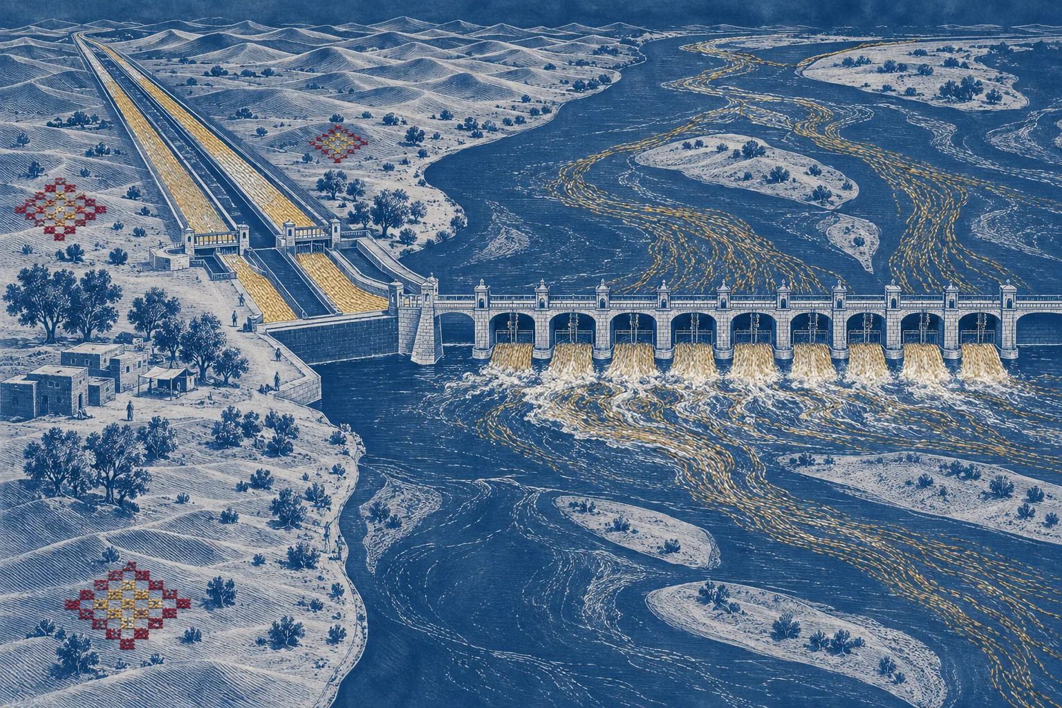 A blueprint-style drawing of a long river barrage with sluice gates, two straight canals leaving it into the dunes, the river stitched in gold thread.