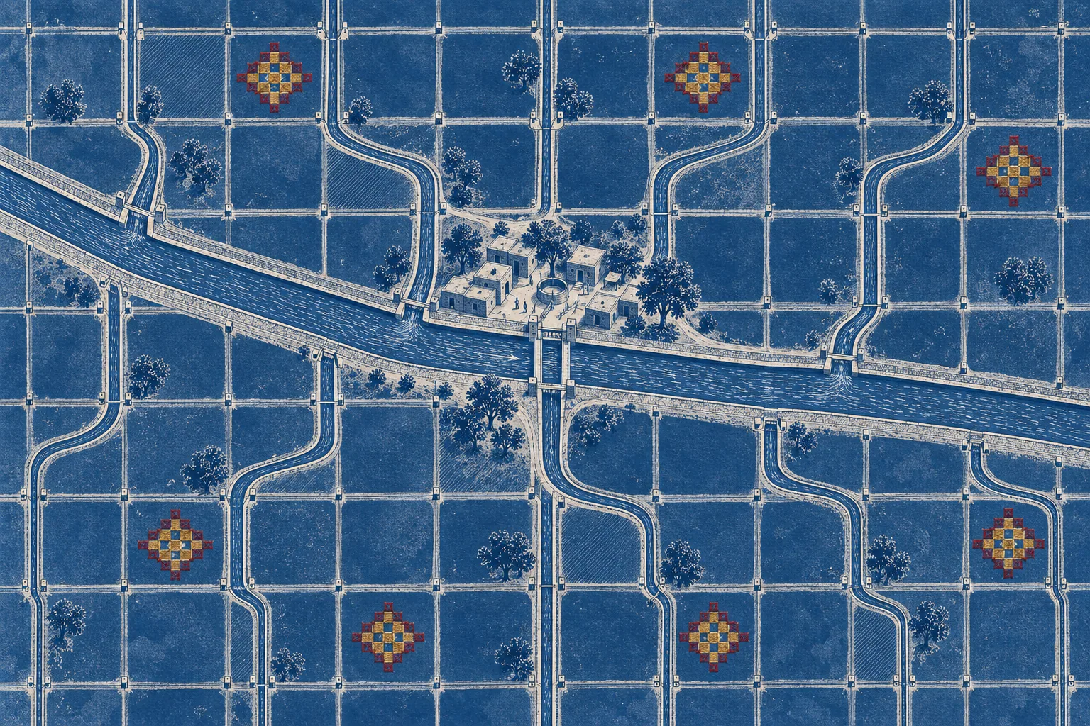 A white-line grid of square fields fed by branching canals, a small village at one crossing, a few squares filled with gold embroidered diamonds.