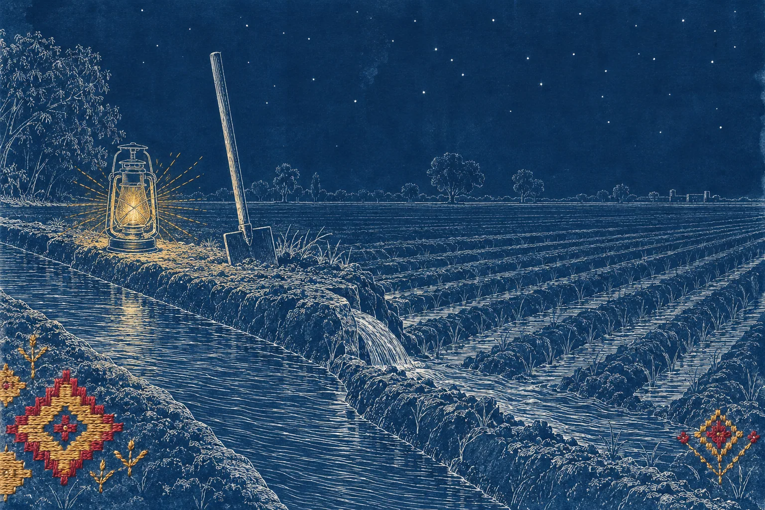 A lantern on a canal bank at night beside an upright spade, water running through a cut into a field, in white on blue with gold stitching.