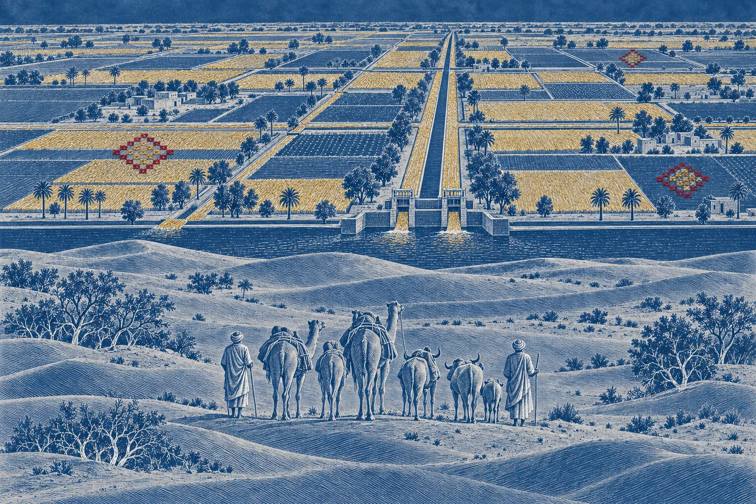 Two small herders with camels and cattle, seen from behind on open sand, facing the ruled edge of gold-stitched irrigated fields.