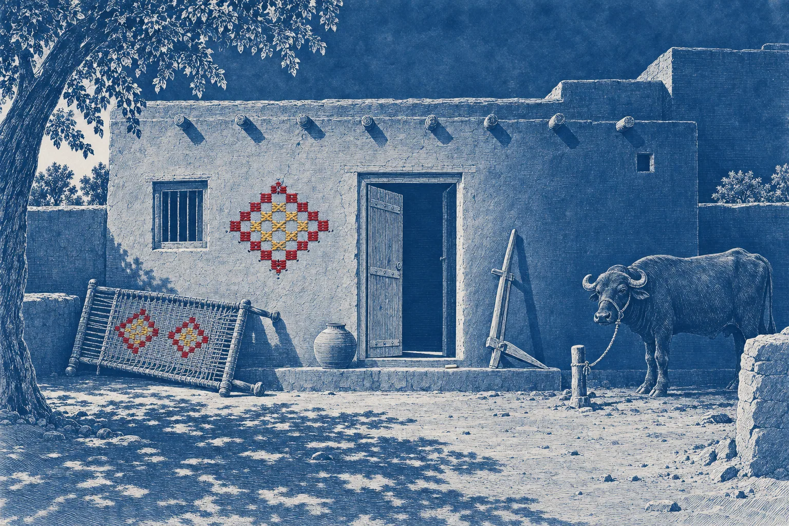 A drawn house front with its door ajar, a plough, an upturned string bed, a tethered buffalo and a stub of chalk on the ledge.