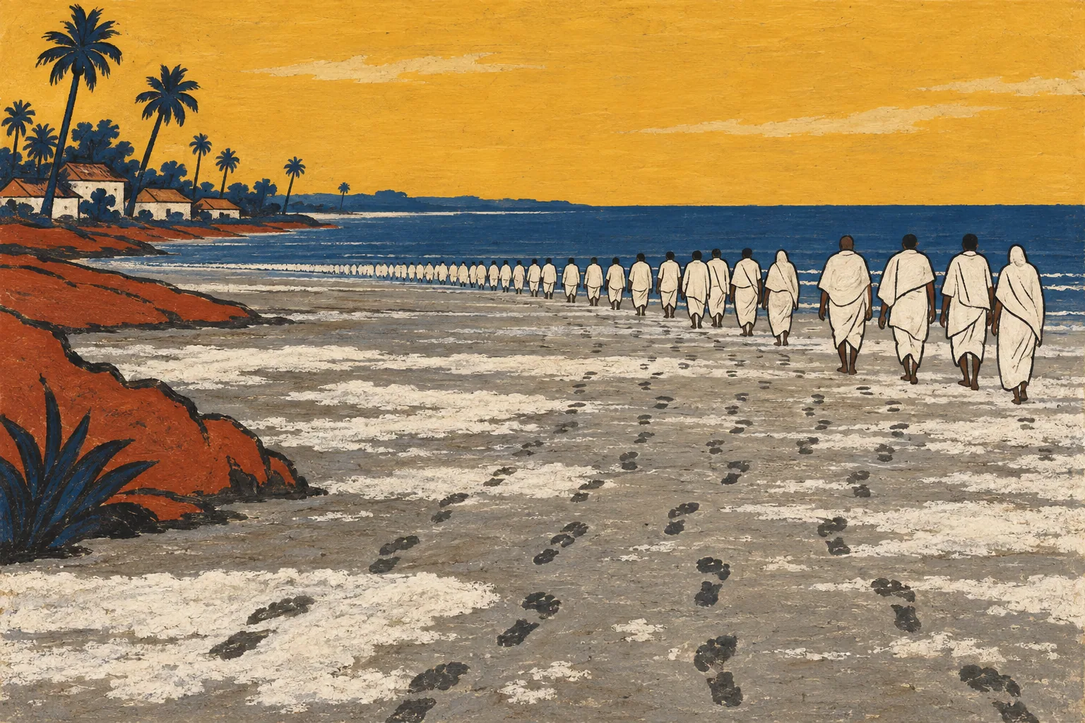 A mudflat crusted with salt and covered in bare footprints, a distant line of small walkers in white along the edge of the sea.