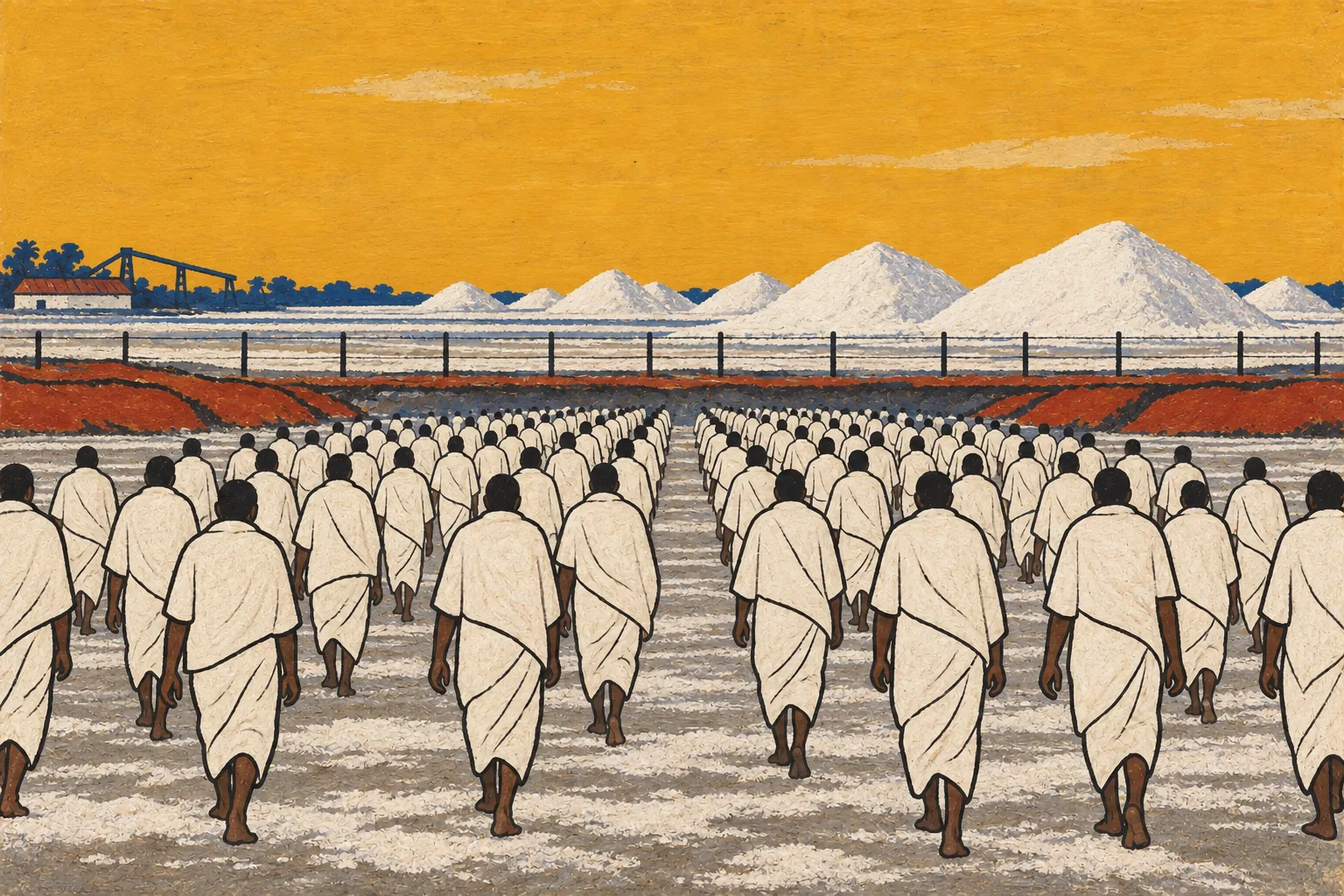 Rows of men in white, seen from behind, walking empty-handed towards a low fence and great white heaps of salt.