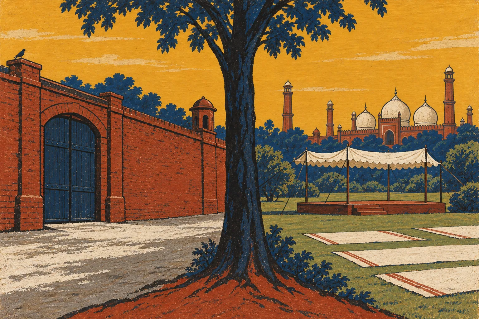 A poster split in two by a tree: a blank jail wall and gate at dawn, and an empty canopy over a platform in a park below a mosque's domes.