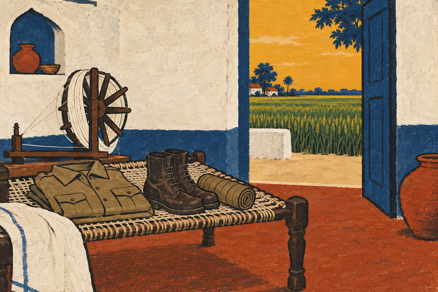 A folded khaki shirt and army boots on a string bed beside a spinning wheel with white thread, in a whitewashed village room.