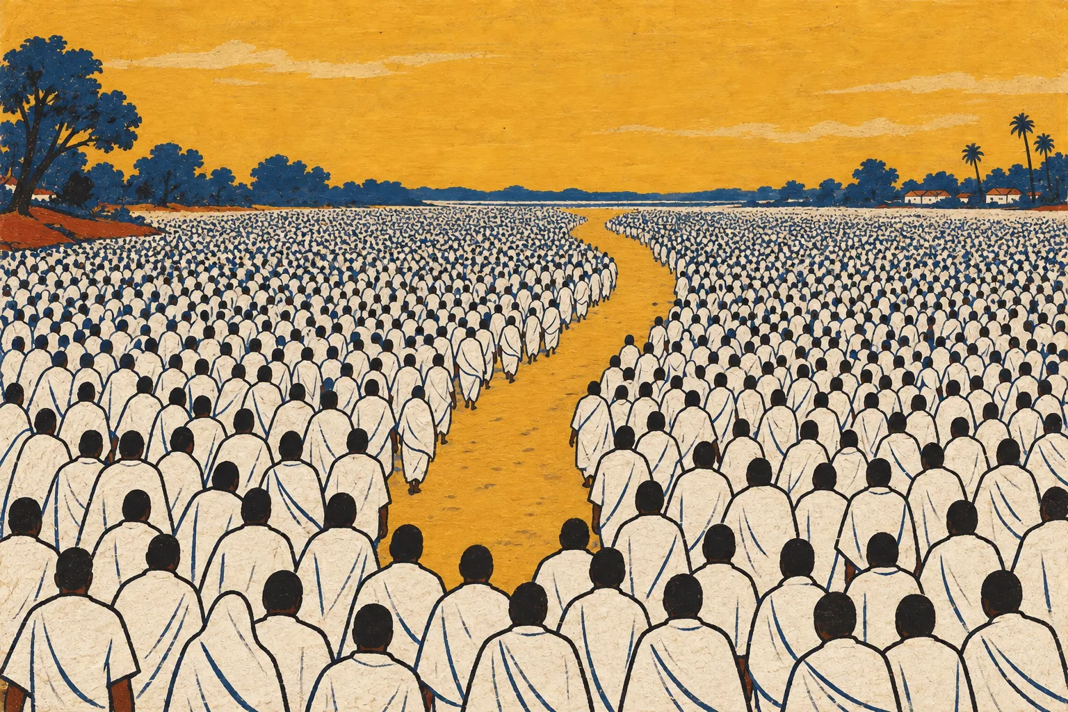 A huge crowd in white seen from above, parting into two equal masses with a thin strip of empty ground opening between them.