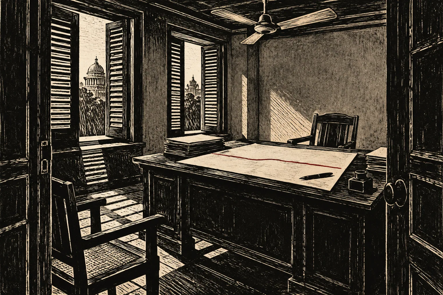 A linocut of an empty office with a ceiling fan, a pushed-back chair and a blank sheet on the desk crossed by one red line.
