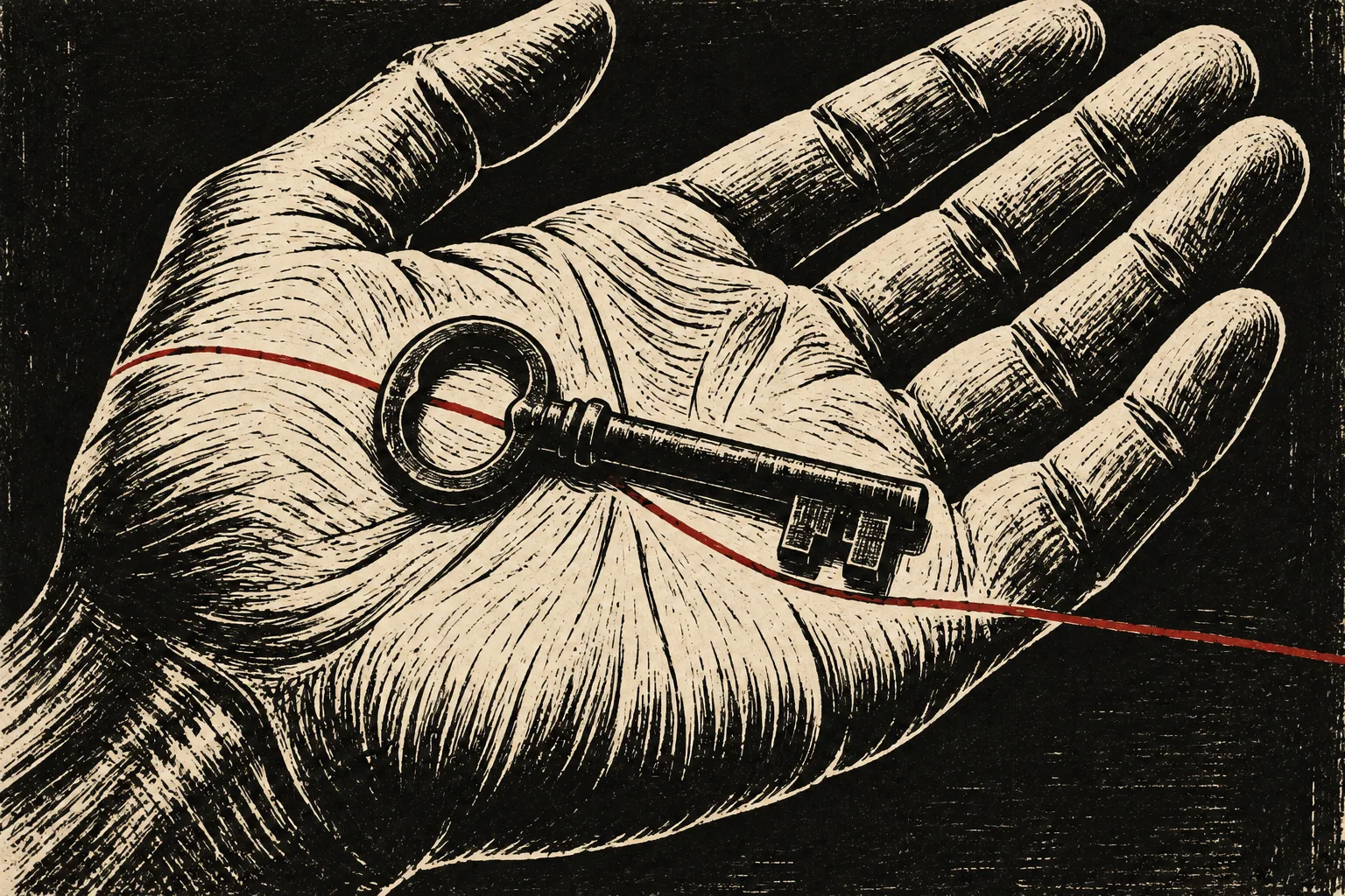 A linocut of an open palm holding a large iron house key, with a thin red line running along a crease of the palm.