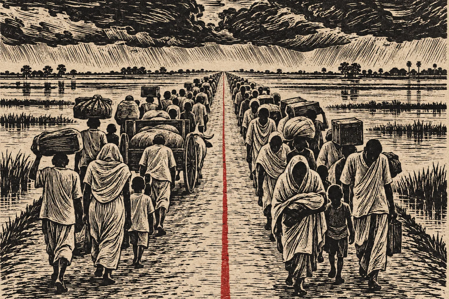 A black-ink linocut of a flooded plain and a road split by a red line, with two columns of people carrying bundles and trunks, one on each side of the line, walking into the distance.