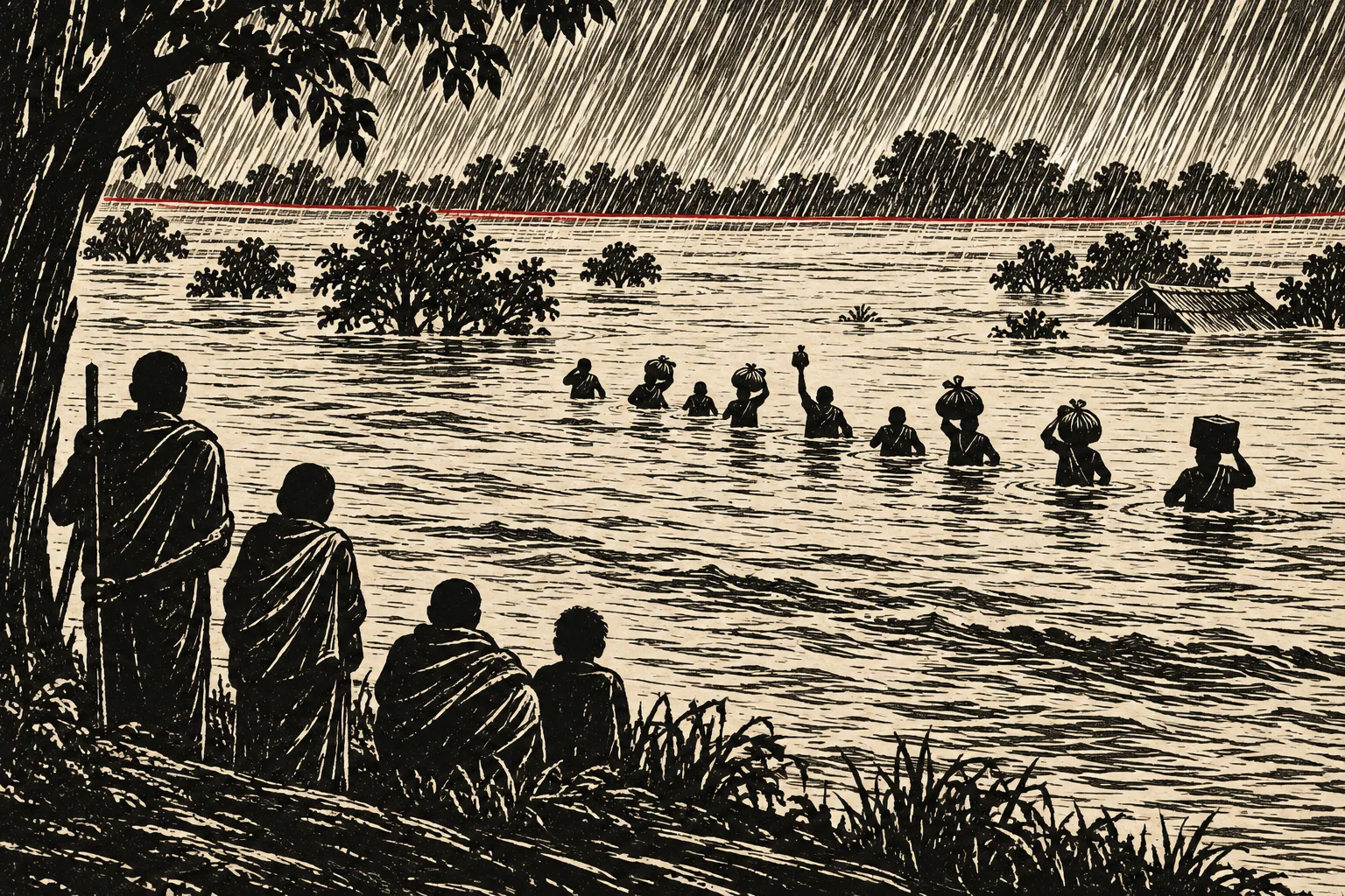 A linocut of a line of small figures wading chest-deep across a wide flooded river in heavy rain, bundles held above their heads.
