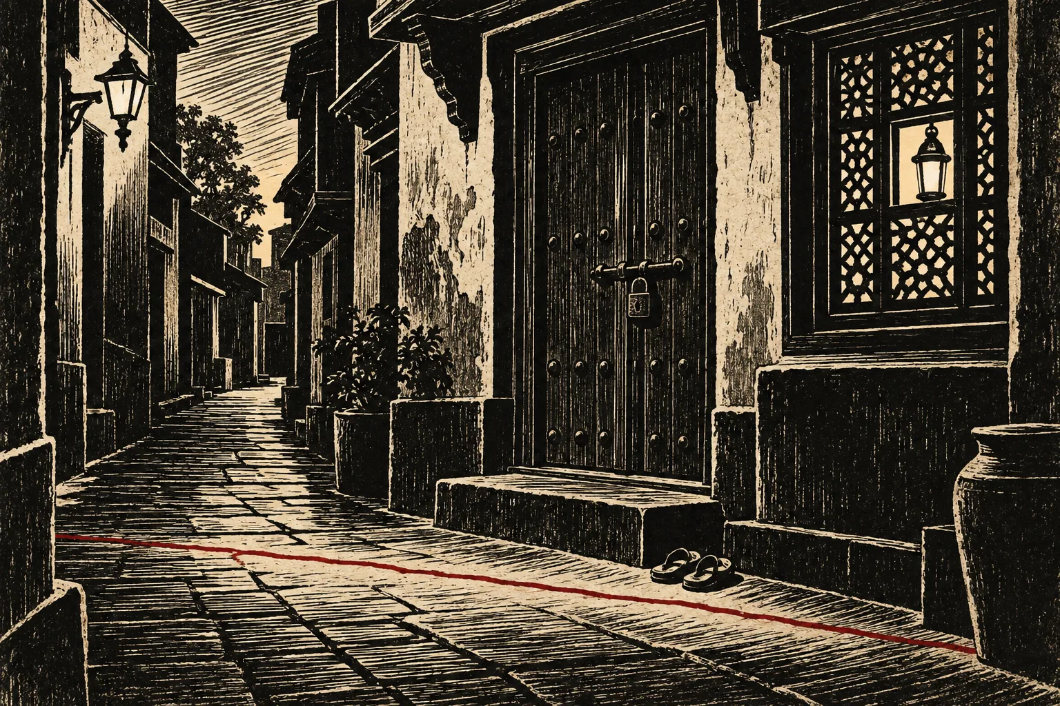 A linocut of a closed, studded wooden door in an empty lane, lamplight in the window beside it and a red line across the ground before the step.