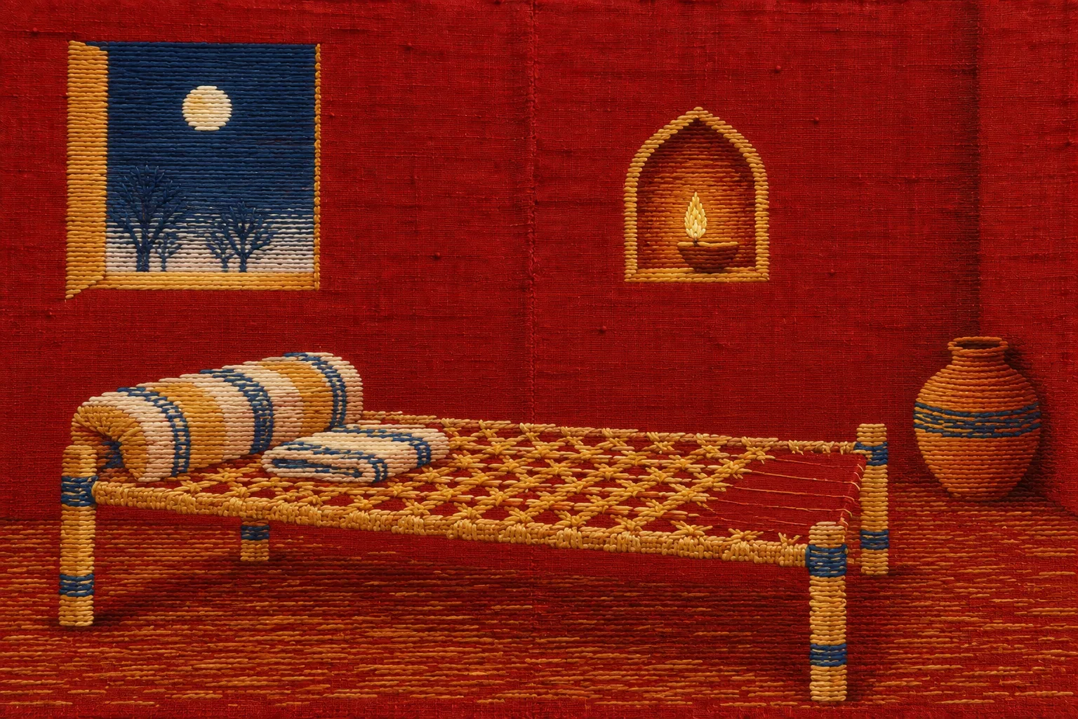 Phulkari embroidery of a clay lamp in a wall niche above a string bed with two folded quilts, one corner of the cloth left unstitched.