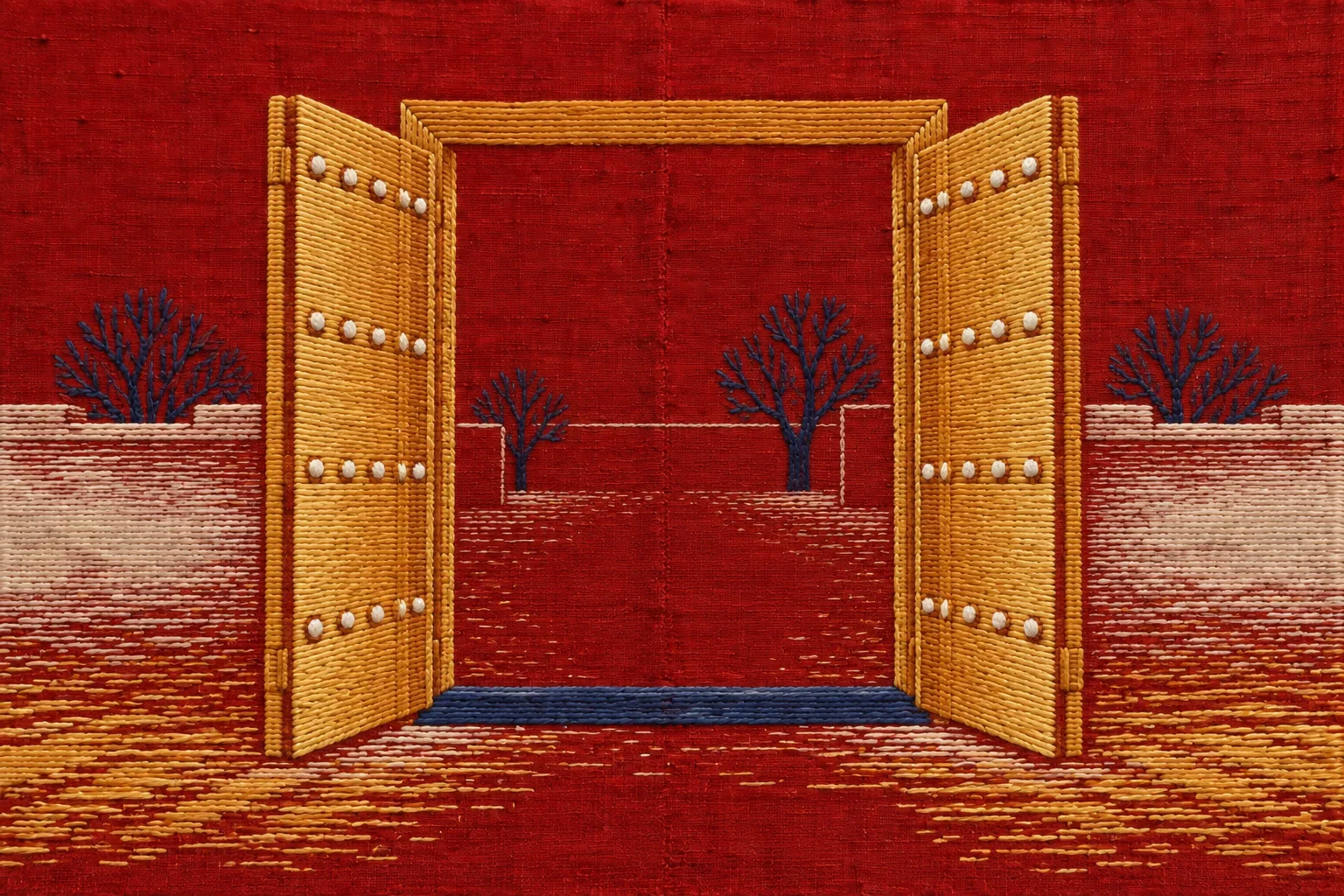 Phulkari embroidery of a wooden double door standing open onto a dark, unstitched courtyard, with nothing in the doorway.