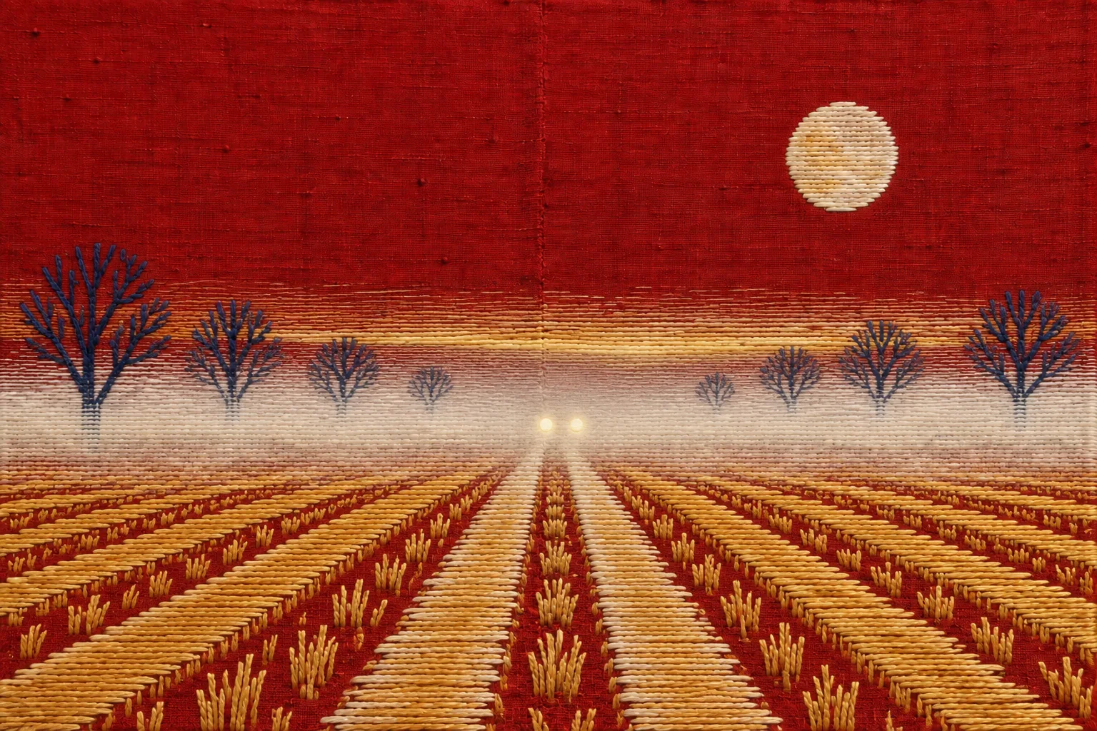 Phulkari embroidery of a straight track running into fog at dawn, with two small pale lights just visible deep in the mist.