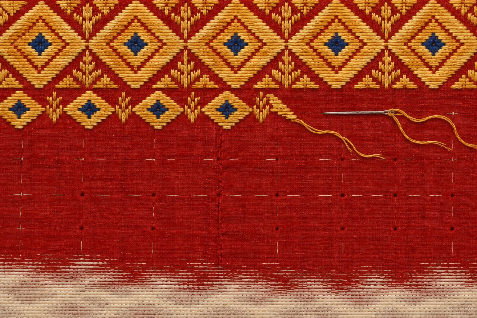 A close view of golden phulkari stitching that stops mid-row, a threaded needle lying on the bare red cloth below it.