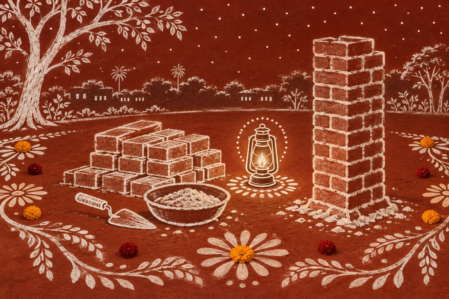 A white alpana drawing on red earth of a stack of bricks, a trowel and a lantern beside a small, newly built brick column at night.