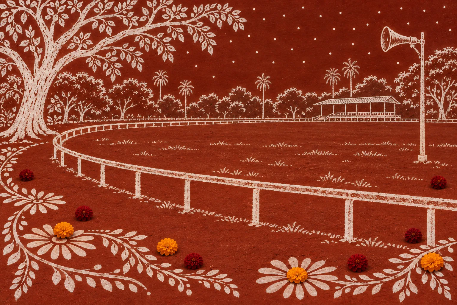 A white alpana drawing of an empty racecourse with a curving rail, looping trees, a distant platform and a horn loudspeaker on a pole.