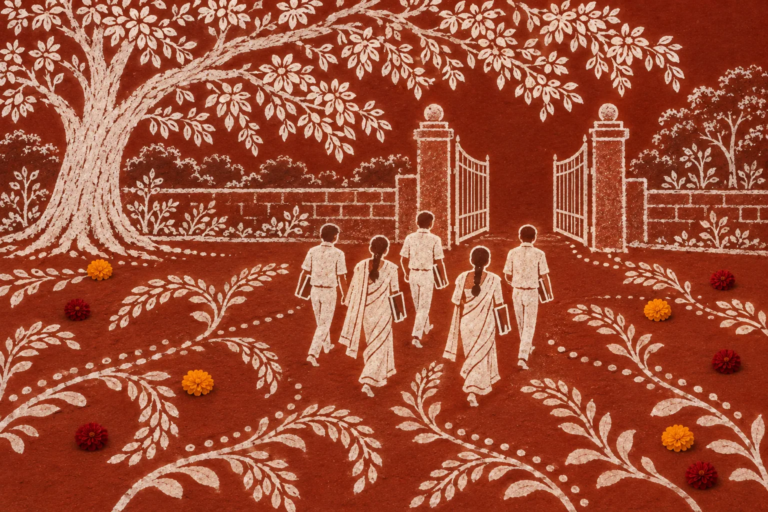 A white alpana drawing of a few small students, seen from behind, walking under a large mango tree towards an open iron gate.