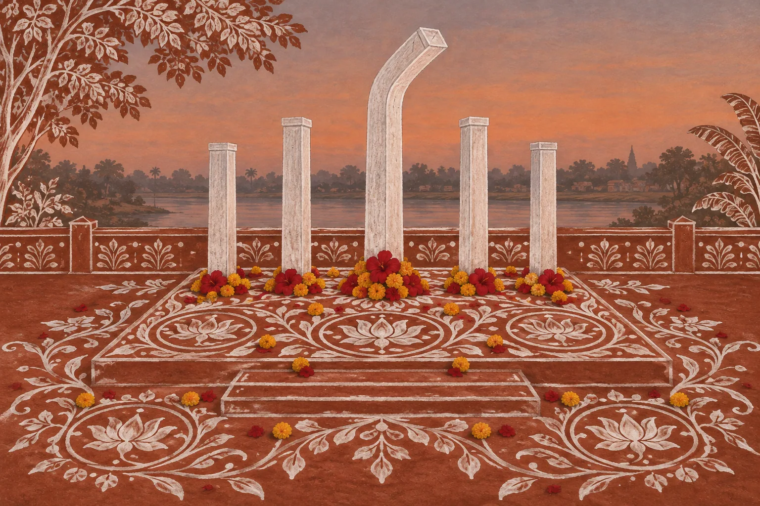 Five plain pale columns, the tallest leaning forward, rising from a floor painted with white alpana and heaped with red and orange flowers at dawn.