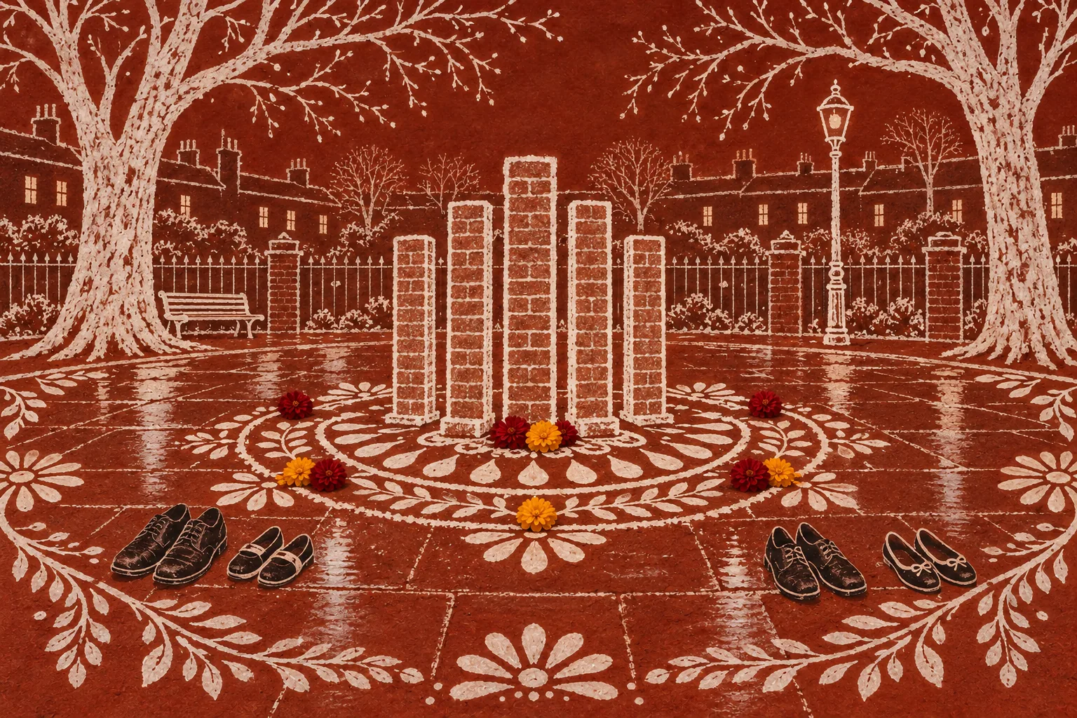 A small copy of the five columns in a bare-treed London park before dawn, white alpana painted round its base and red flowers laid down.