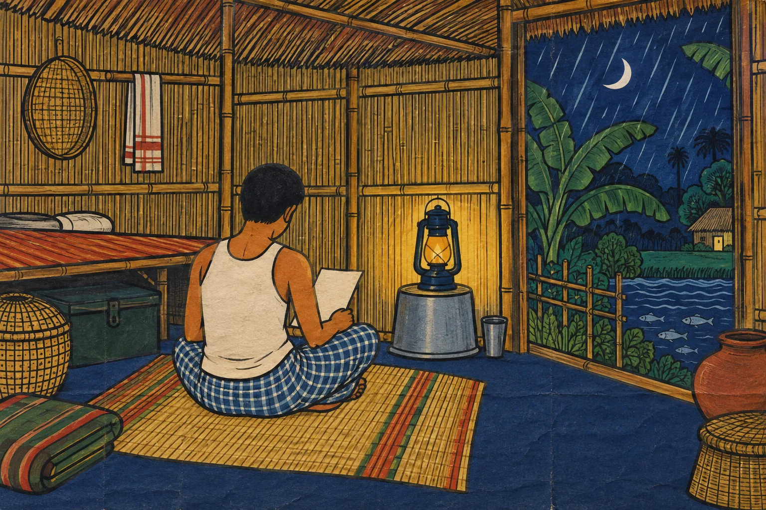 A patachitra painting of a young man seen from behind, writing by a hurricane lantern in a bamboo hut at night, with rain beyond the doorway.