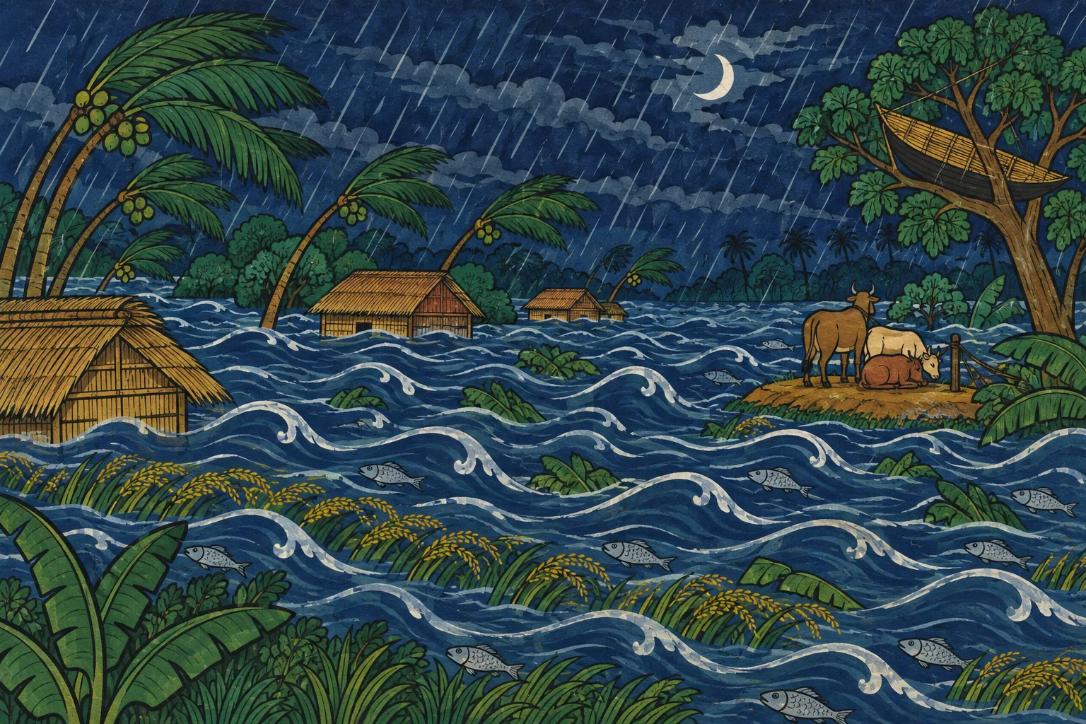 A patachitra painting of the sea surging over a low island at night, palms bent flat, huts half under water and a boat caught in a tree.