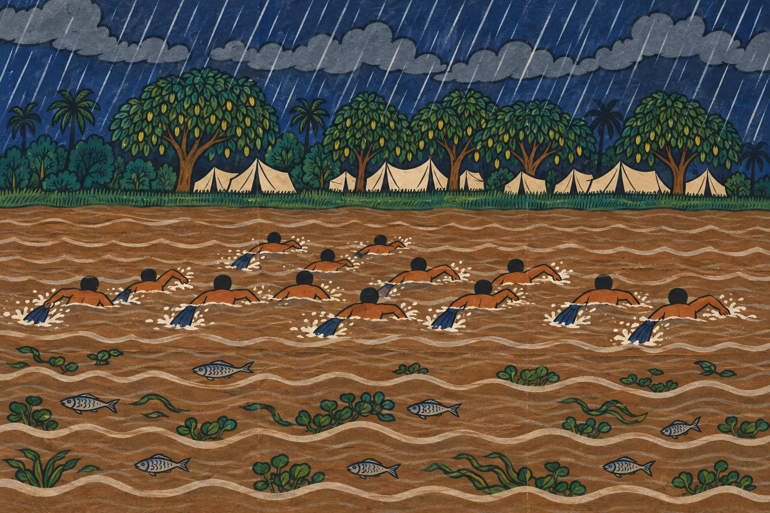 A patachitra painting of a line of swimmers crossing a broad river in monsoon rain towards tents under mango trees.
