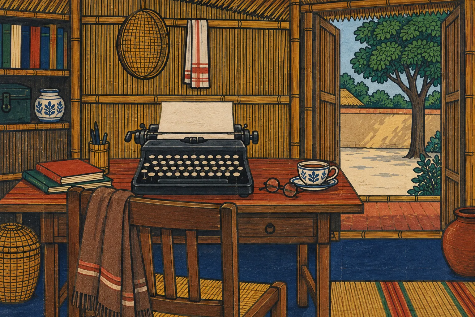 A patachitra painting of a desk with a blank-keyed typewriter, folded spectacles and a cold cup of tea beside an empty chair and an open door.