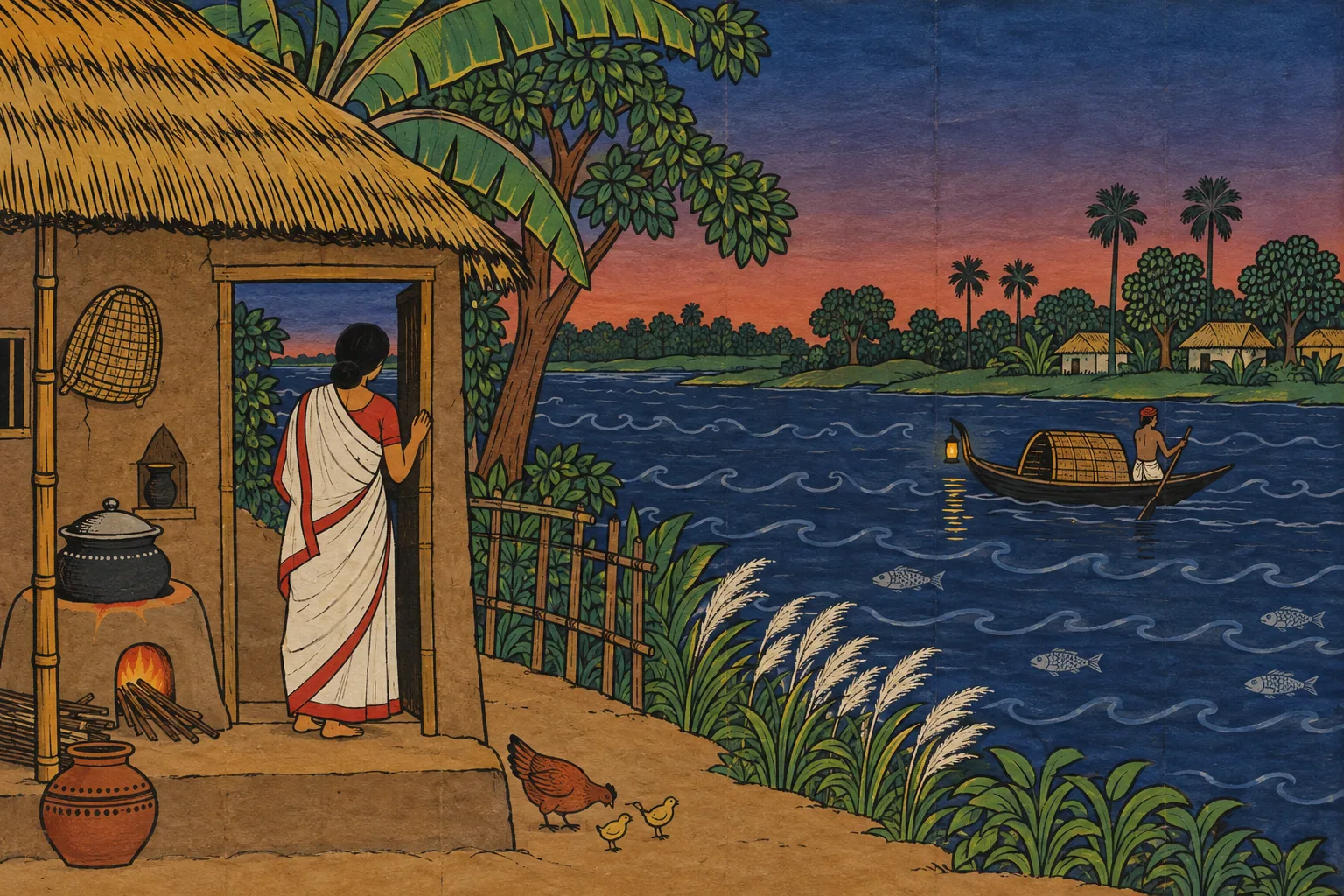 A patachitra painting of a woman in a red-bordered sari watching from a doorway as a lantern-lit boat crosses the river at dusk.