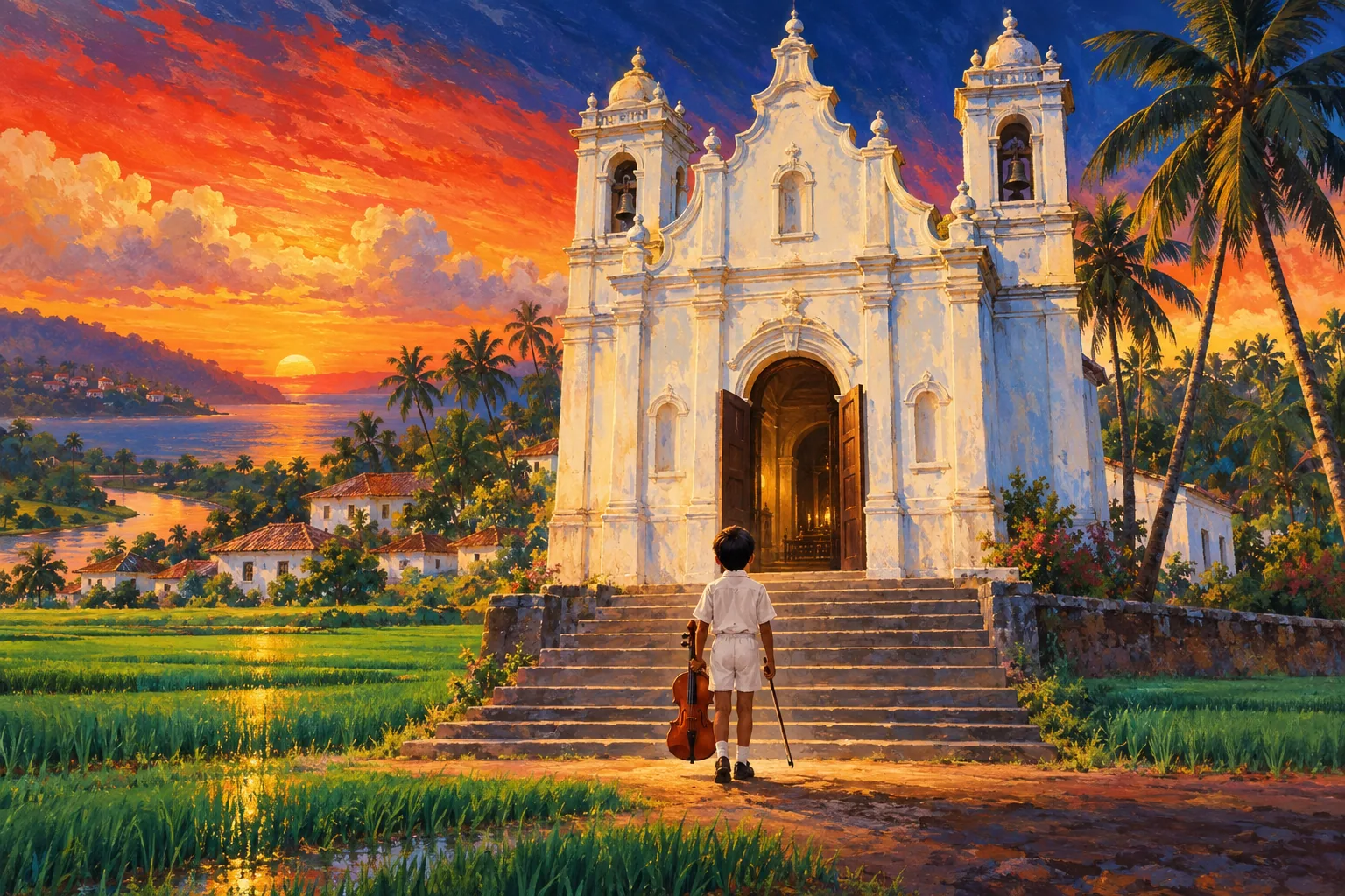 A poster-style painting of a small boy holding a violin on the steps of a white Goan church between paddy fields and palms at sunset.
